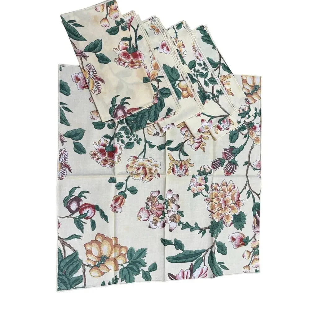 Cloth napkins set of 6 Jacobean style floral print on pale yellow cotton squares
